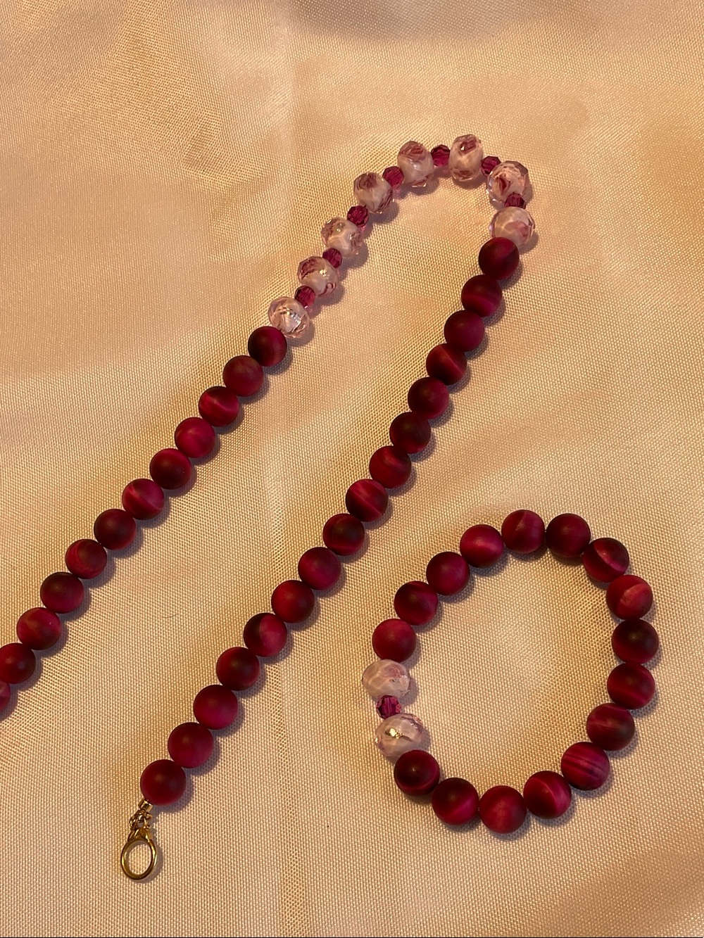 Handmade Matte Fuchsia Beaded Necklace and Bracelet Set - Picture 4 of 4